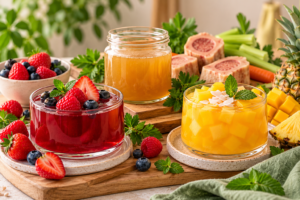 Recetas caseras con gelatina de frutos rojos, frutas tropicales y caldo de huesos