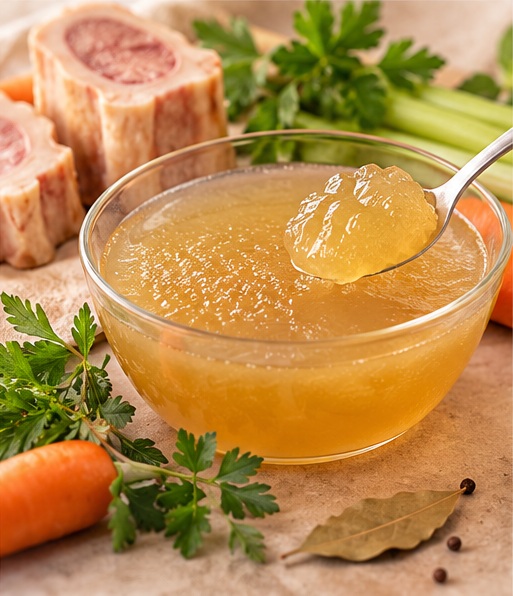Gelatina casera de caldo de huesos de ternera en un cuenco de cristal, acompañada de huesos y verduras.