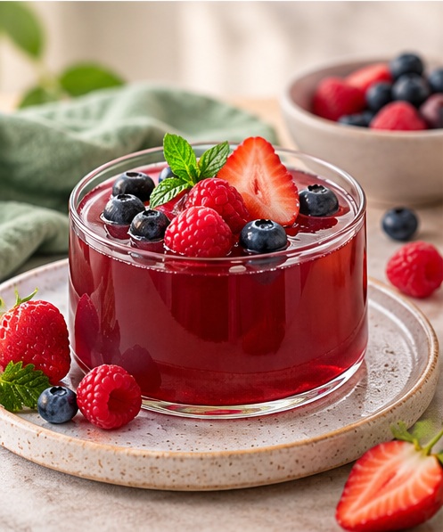 Gelatina casera de frutos rojos con fresas, frambuesas y arándanos en un recipiente de cristal.