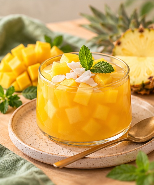 Gelatina tropical casera de mango y piña con trozos de fruta y hojas de menta en un vaso de cristal.